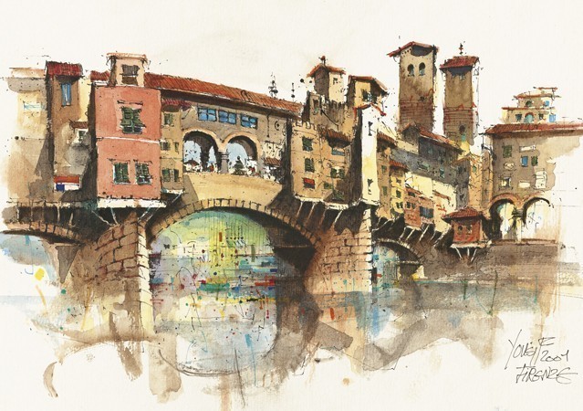 068 Firenze Il Ponte Vecchio E I Suoi Negozi Italian Watercolor